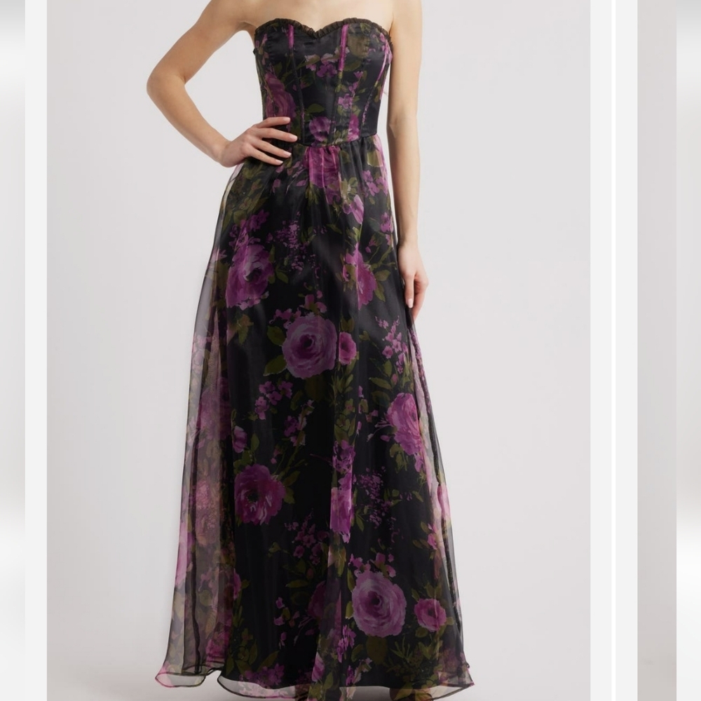 Lulus Hadley Floral Print Strapless Gown